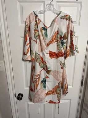Source Unknown Tropical Leaf Print Dress in White, Green & Orange